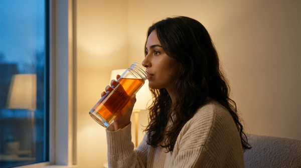 Donna che beve una tisana senza teina la sera vicino alla finestra — Bothé
