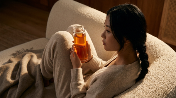 Donna rilassata sul divano la sera con una tisana al rooibos Bothé — rituale della buonanotte