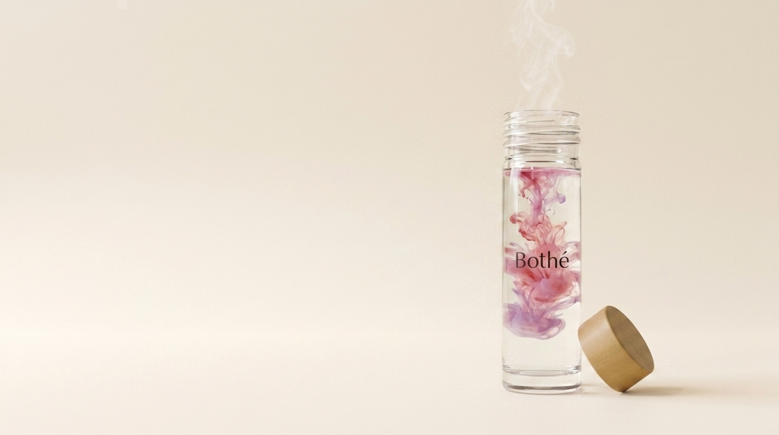 Infuso di ibisco rosa che sprigiona il suo aroma nella bottiglia di vetro Bothé — tè dimagrante senza lassativi