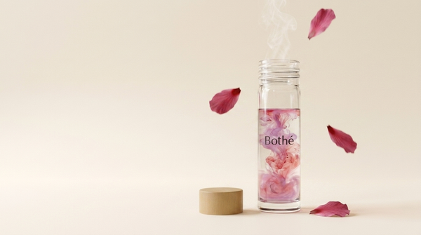Petali di ibisco sparsi attorno alla bottiglia Bothé con infuso rosa-lilla