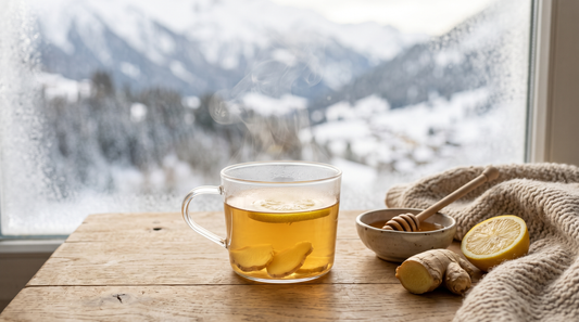 Tazza di vetro fumante di tisana zenzero e limone davanti a una finestra con vista sulle montagne innevate, con radice di zenzero, limone e miele