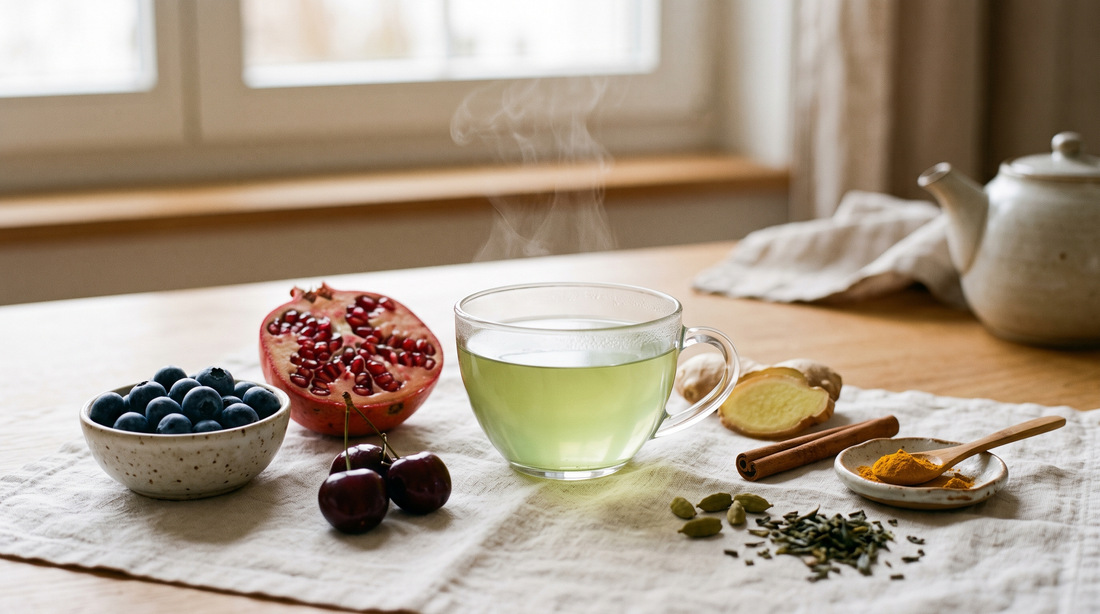 Tazza fumante di tè verde circondata da mirtilli, una melagrana aperta, ciliegie, zenzero, cannella, curcuma e cardamomo su un telo di lino color crema