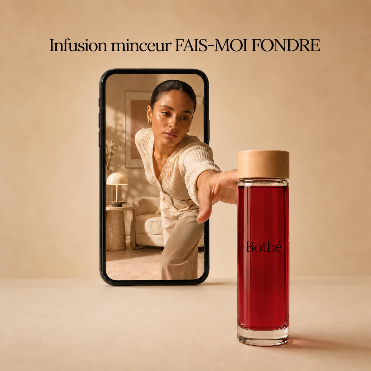 Tisana dimagrante FAIS-MOI FONDRE – donna che mostra la bottiglia sullo schermo di uno smartphone