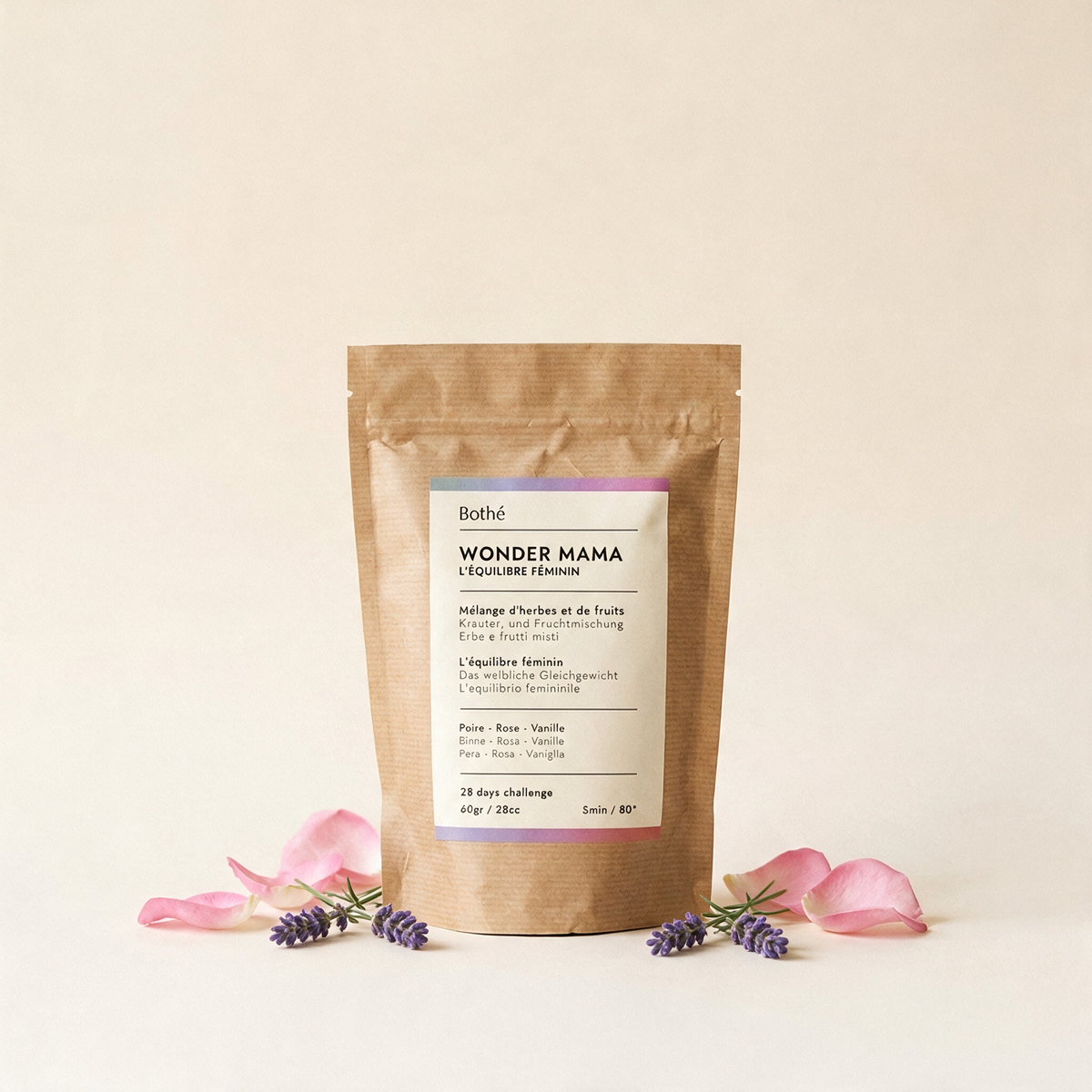 Bustina in carta kraft Bothé WONDER MAMA, tisana per il ciclo mestruale, avvolta da rametti di lavanda e petali di rosa